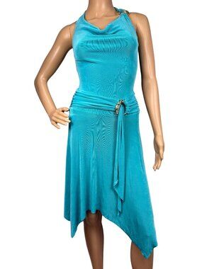 Y2K Cache Teal Halter Dress Small Asymmetrical Hem Ruched Waist Stretch Midi